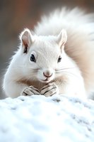 Adorable white squirrel with bright eyes lying in snow, close-up portrait showing fluffy fur and cute expression, paws crossed in front, winter wildlife scene.