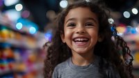 Happy young Hispanic girl with curly hair smiling joyfully at camera with colorful bokeh lights background perfect for family lifestyle advertising.