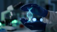 Scientist hands in blue gloves holding glowing DNA double helix hologram in modern laboratory for genetic research and biotechnology innovation.