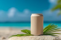 Aluminum can on tropical beach with palm leaves and turquoise ocean background for summer beverage marketing and vacation advertising campaigns.