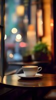Steaming coffee cup on wooden table by window with blurred evening city lights and bokeh background, perfect for cafe, beverage, and lifestyle designs.