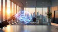 Business professional touching holographic brain interface in modern office with city skyline view during golden hour sunset lighting for AI technology concepts.