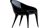 Modern black glossy armchair with curved backrest and sleek tapered legs on white background, isolated contemporary furniture piece for interior design projects.