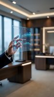 Businessman in dark suit interacting with holographic financial data display showing stock charts and analytics in modern office environment for business technology concepts.