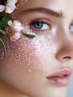 Close up of young woman with blue eyes, pink glitter makeup, and delicate white flowers near face creating dreamy spring beauty portrait for cosmetic advertising.