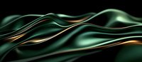 Elegant dark green and gold waves create luxurious flowing abstract pattern on black background, suggesting movement and sophistication. Modern minimalist design.