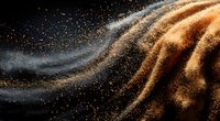Abstract golden and silver dust particles forming elegant waves against black background, creating luxurious cosmic-like texture for design projects.