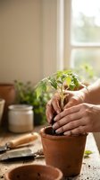 Hands protecting young tomato seedling in terracotta pot on sunny windowsill. Indoor gardening and plant care concept for sustainable living.