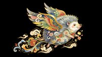 Colorful fantasy flying hedgehog with ornate wings and floral details, isolated on transparent background, for stickers, t-shirt design, and print on demand.