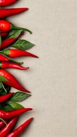 Fresh red chili peppers with green leaves arranged on light linen background, creating border design with copy space for menu or recipe layout.