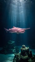 Sand tiger shark swimming in deep blue ocean water with dramatic sunlight rays penetrating from surface above coral reef formations creating mystical underwater scene.