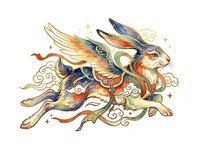 Mythical winged rabbit in traditional Asian art style, isolated on transparent background, ready for t-shirt design, stickers, print on demand, and sublimation crafts.