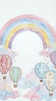Watercolor pastel rainbow with hot air balloons and clouds, cute nursery art in soft pink, blue, green and yellow tones for kids decor.