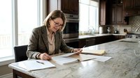 Professional middle-aged Caucasian businesswoman in glasses working with documents at kitchen counter, reviewing paperwork at home office workspace.