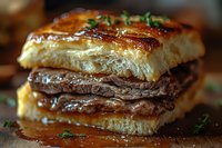 Juicy roast beef layered between golden buttery puff pastry squares, garnished with fresh herbs and drizzled with rich savory sauce, close-up macro food photography.