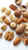 Mixed nuts collection with almonds, walnuts, cashews, pecans, pistachios and macadamia nuts on white background for healthy snacking and cooking.