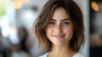 Young woman with short brown hair and freckles smiling at camera in soft focus setting with blurred background. Natural beauty portrait.