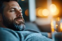 Bearded mature man relaxing at home in evening light with bokeh effect, side view portrait showing contemplative expression and peaceful mood.