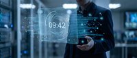 Businessman using smartphone with holographic digital interface displaying time and data analytics in modern office environment for technology presentations.