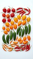 Colorful assortment of fresh hot chili peppers arranged on white background including red, orange, yellow and green varieties for cooking and spice collection.