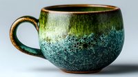 Handcrafted ceramic mug with textured glaze featuring green and blue tones, rustic pottery design for home decor, kitchen accessories, or coffee lovers.