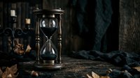 Antique hourglass with flowing sand on dark wooden surface surrounded by autumn leaves and aged stone walls, symbolizing passage of time.
