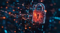 Digital padlock with glowing red particles and blue technology background represents cybersecurity, data protection and network safety in modern digital age.