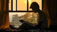 Young man reading book in bed during golden sunset hour, silhouetted against window with warm atmospheric lighting and curtains creating cozy evening ambiance.
