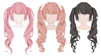 Long curly anime style wigs in pink, peach and black colors with twin tails and bangs, isolated on white background for cosplay and character design.