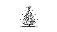 Hand-drawn Christmas tree with decorative ornaments, star topper, and festive garlands on white background, perfect for holiday greeting cards.