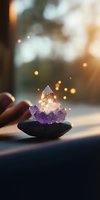 Glowing amethyst crystal cluster on black stone with magical sparkles and bokeh lights against blurred window background in warm sunlight atmosphere.