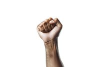 Raised fist gesture symbolizing strength, solidarity, resistance, and unity against white background, isolated for design projects.
