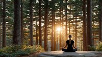 Woman practicing yoga meditation in serene pine forest at golden hour sunrise, peaceful mindfulness and wellness retreat in natural woodland setting.