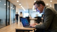 Mature male professional wearing glasses and brown blazer working on laptop with digital network visualization in modern office corridor with glass partitions and colleagues in background.