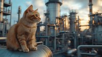 Ginger cat sitting on industrial pipe at oil refinery during sunset. Industrial facility towers and equipment create dramatic backdrop for feline guardian.