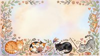 Cute cats and kittens with autumn leaves, flowers, and hearts arranged in decorative border frame on cream background, suitable for greeting cards and children's designs.