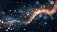Abstract golden light wave with glowing particles on dark blue background, creating magical cosmic atmosphere for luxury designs.