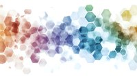 Colorful watercolor hexagon pattern with rainbow gradient from warm orange to cool blue and green tones on white background, abstract geometric design.