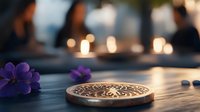 Decorative wooden coaster with ornate mandala pattern on rustic table with purple flowers and glowing candles creating romantic evening ambiance.