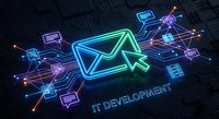 Neon email icon with cursor and IT development text surrounded by glowing network connections on dark digital circuit board background for tech projects.