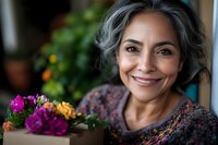 Mature Hispanic woman with gray hair smiling warmly while holding colorful flowers, wearing floral sweater against blurred garden background. Natural lifestyle portrait.