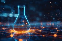 Digital hologram of laboratory flask with glowing blue wireframe on dark background with network connections and light particles.