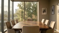 Modern conference room with wooden oval table and beige chairs overlooking green trees through large windows for corporate meetings and business presentations.