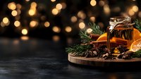 Festive winter composition with orange slices, spices, and pine branches on wooden board against blurred Christmas lights background creating cozy atmosphere.