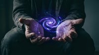 Male hands holding glowing purple spiral galaxy energy in palms, mystical light effect, cosmic power concept for spirituality, magic, and universe exploration themes.