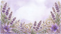 Lavender flowers with ornamental swirls and botanical foliage frame a soft purple watercolor background, suitable for wedding invitations, greeting cards, and decorative design projects.