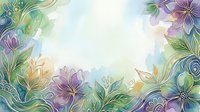 Watercolor floral frame with purple and green flowers, golden outlines, soft pastel background, copy space for text or design.