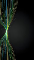 Abstract digital circuit board lines converging in bright center with glowing particles on dark background for technology presentations.