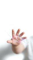 Open hand with glowing energy streams and light effects on white background for spiritual healing and wellness concepts.
