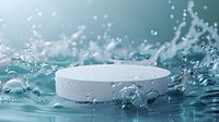 White cosmetic product container splashing in clear water against turquoise background, perfect for beauty and skincare advertising or product packaging design.